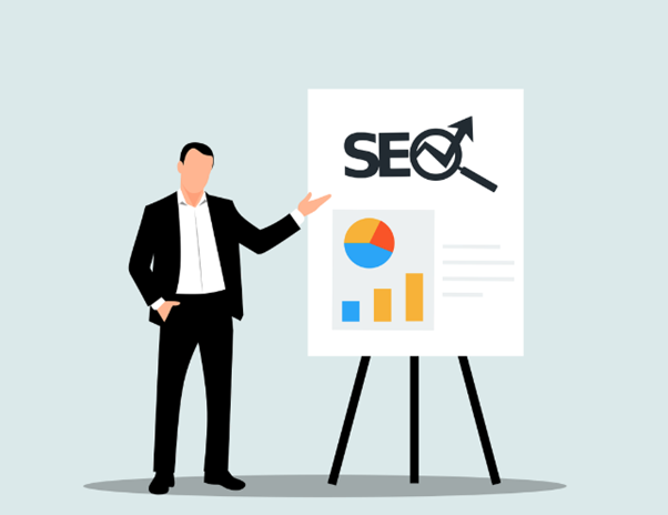 Vector graphic representing an SEO business concept, featuring elements like graphs, keywords, and digital marketing icons. 