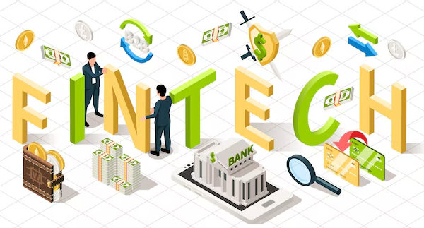 Isometric illustration of fintech concepts with people interacting around large “FINTECH” letters, showing banking, digital payments, currency exchange, security, and financial data icons.