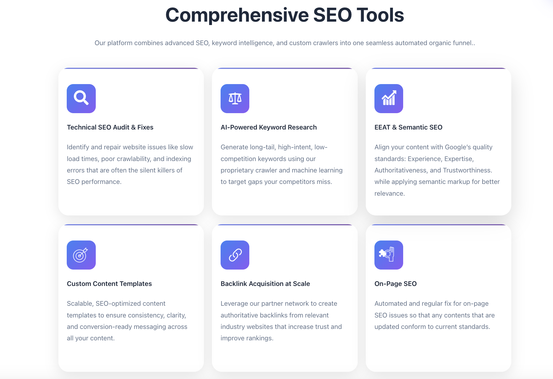CausalFunnelβs Comprehensive SEO tools interface highlighting technical SEO audits, keyword research, EEAT optimization, backlinks, and on-page SEO features.