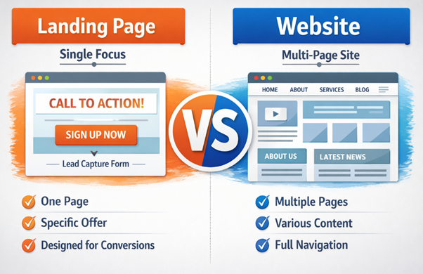 An image showing landing page vs website comparison.