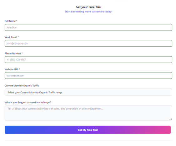 Free trial signup form with contact details and website information fields.