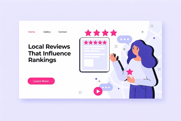 Illustration of a woman giving a five-star review on a digital platform, highlighting local reviews that influence rankings.