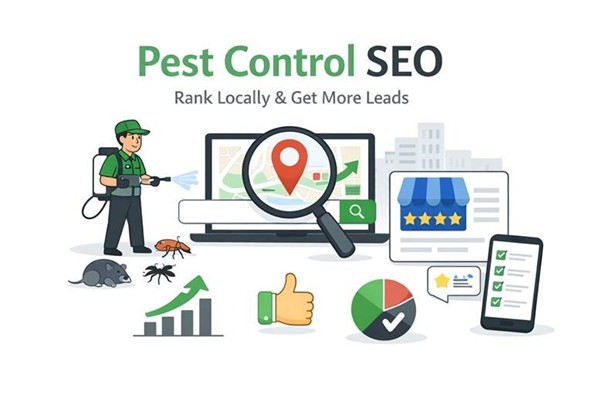 Pest control SEO illustration showing local search visibility, reviews, and lead growth.