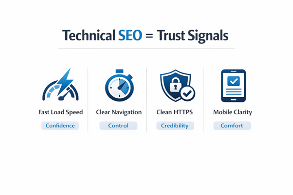 Cybersecurity SEO trust signals infographic showing site speed, clear navigation, HTTPS security, and mobile usability.
