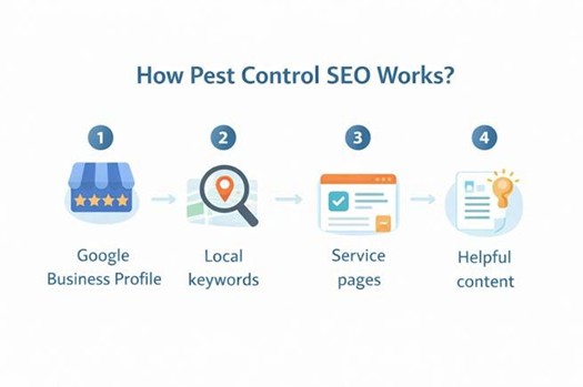 How pest control SEO works infographic showing key optimization steps.
