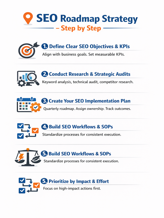 Infographic showing a step-by-step SEO roadmap strategy.