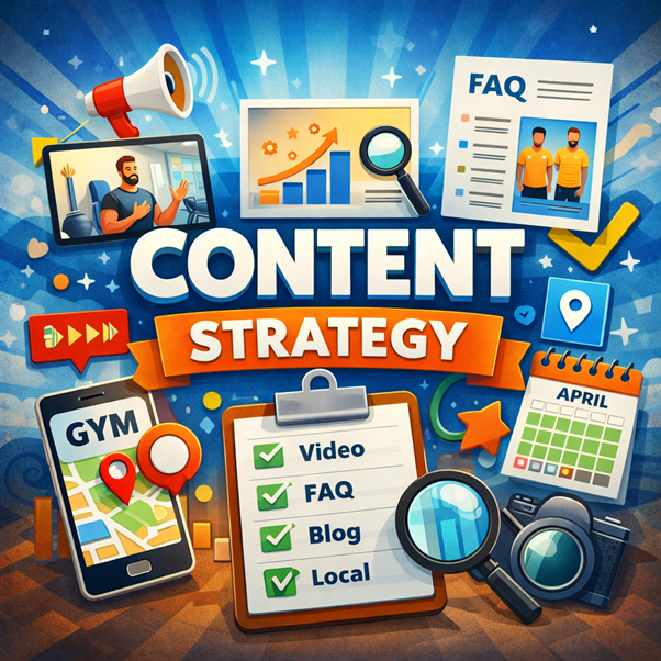 An image showing SEO for gyms content strategy overview.