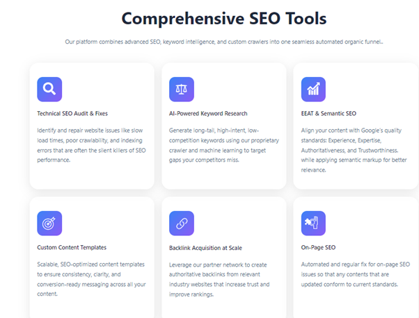: Platform combines SEO automation, keyword research, and site crawling into one easy-to-manage organic growth funnel. 
