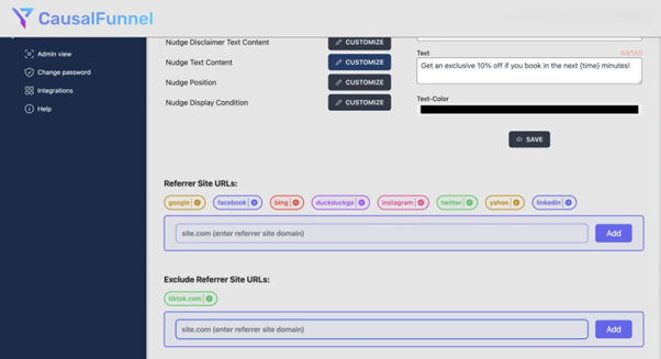 CausalFunnel dashboard showing Nudge settings and referrer site URL configuration.