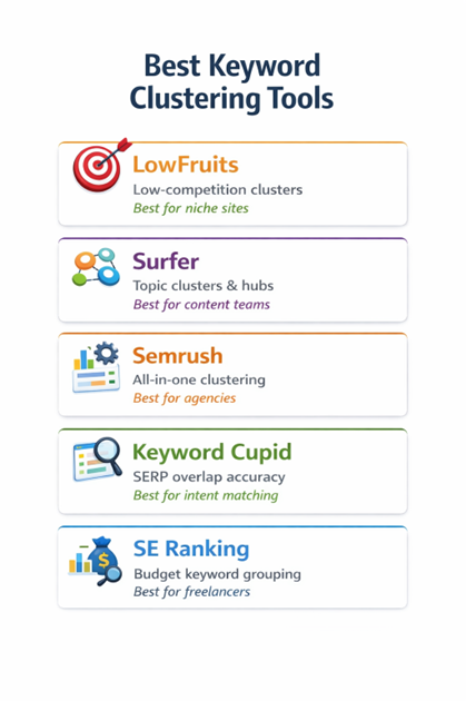 Infographic showing the best keyword clustering tools. 