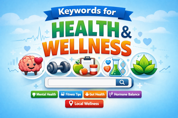 An image showing health and wellness keyword search concept.