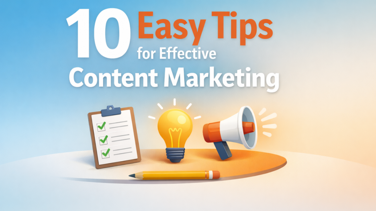 Illustration with “10 Easy Tips for Effective Content Marketing” headline, checklist icons.