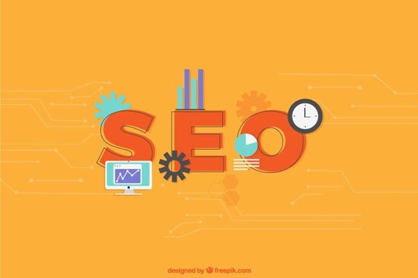  Colorful SEO illustration with charts, gears, and analytics icons on an orange background
