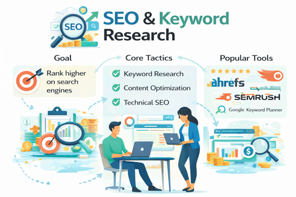 SEO keyword research infographic showing content marketing tools and optimization strategies.
