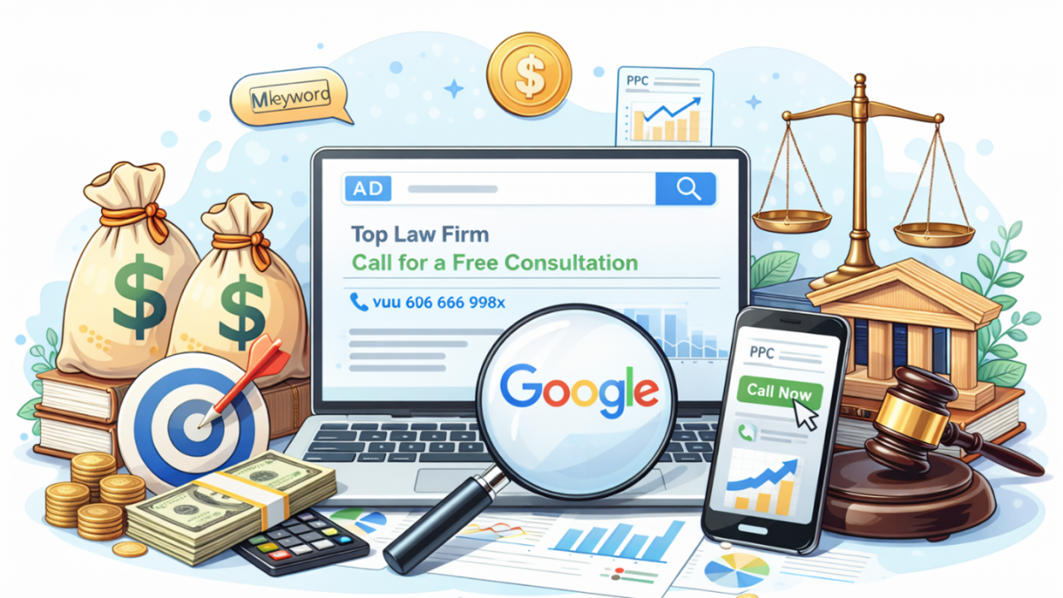 Illustration of Google Ads for Law Firms with legal icons and PPC analytics