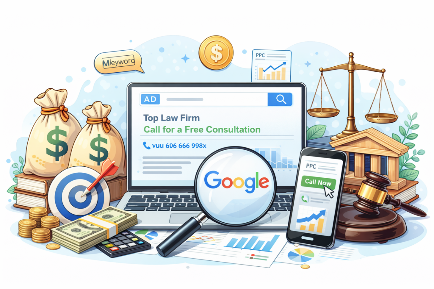 Illustration of Google Ads for Law Firms with legal icons and PPC analytics