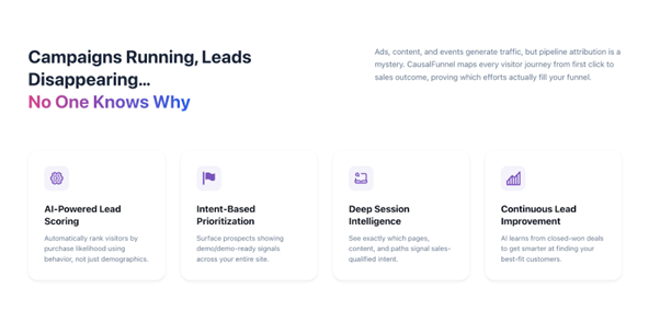 : CausalFunnel explaining why leads disappear, highlighting features like AI-powered lead scoring, and continuous lead improvement.
