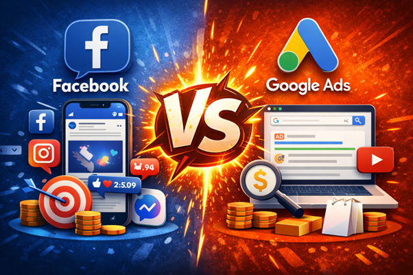 An image showing Google ads vs. Facebook ads showdown.