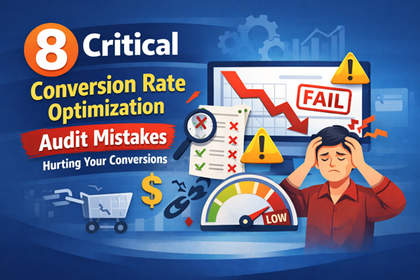 Illustration showing CRO audit mistakes causing a drop in conversions with warning icons and declining graphs