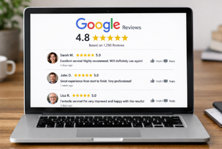  Google reviews rating displayed on laptop screen showing five-star customer feedback.