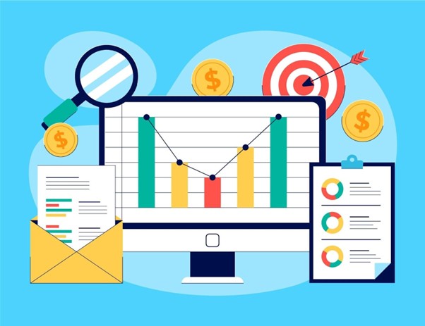 Conversion rate optimization audit dashboard showing charts, analytics, magnifying glass, and marketing icons.