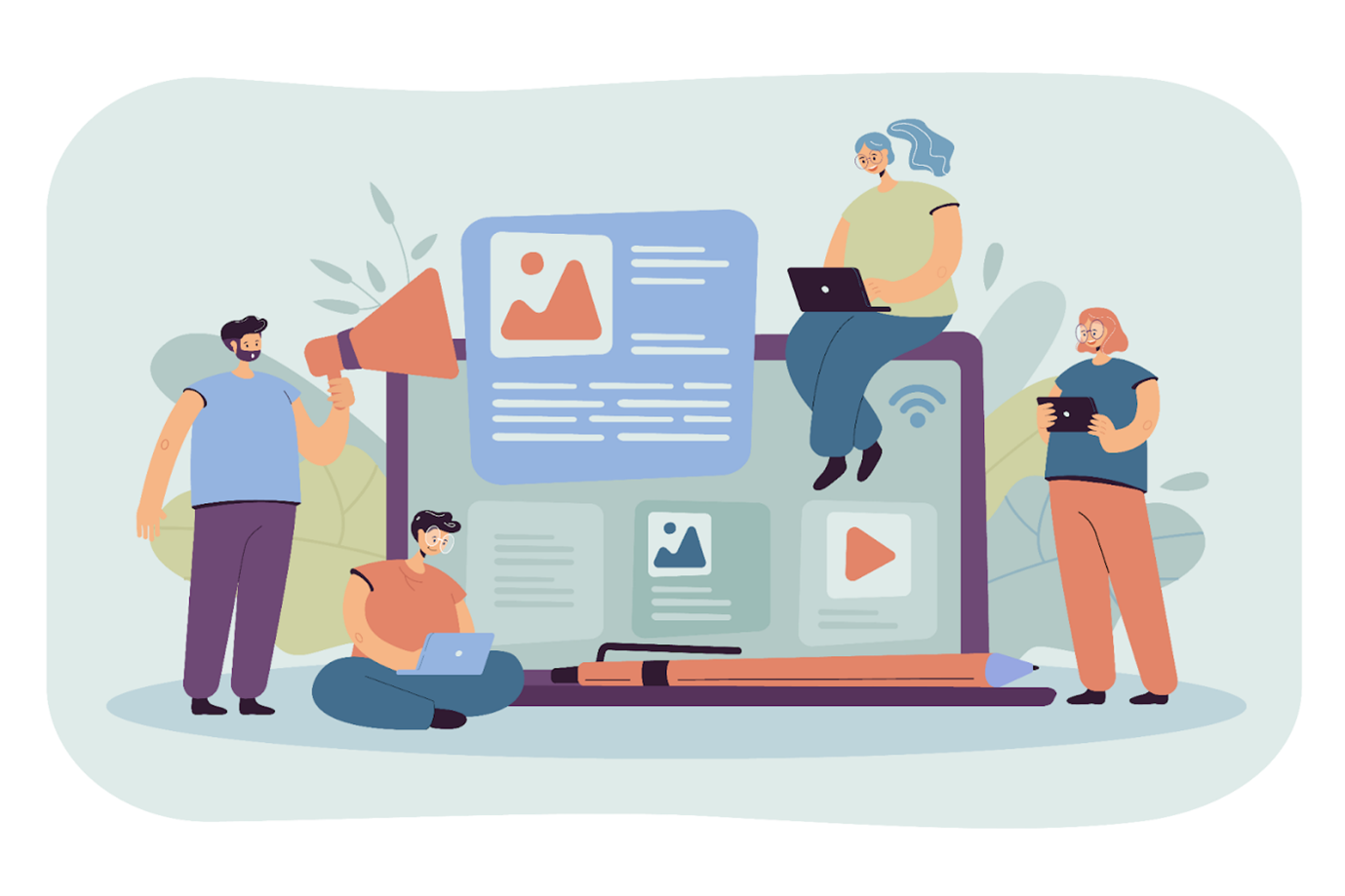 Illustration of a team creating and promoting digital content online.