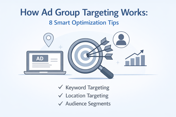 Ad group targeting illustration with ads, audience segments, and campaign optimization icons.