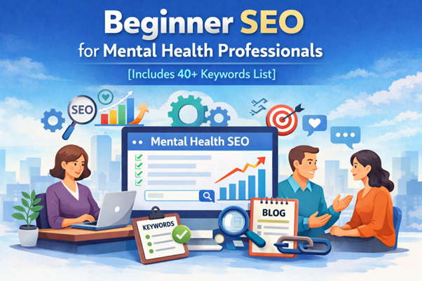 Hero image showing therapist using a laptop with SEO icons and mental health consultation scene