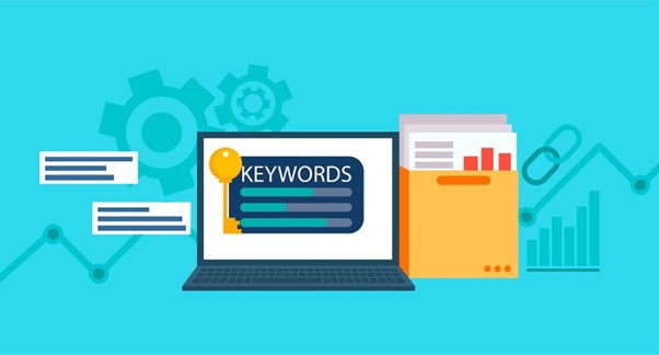  Keywords research banner. Laptop with a folder of documents and graphs
