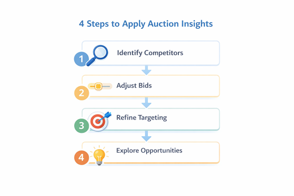  Four-step infographic for applying Auction Insights in Google Ads.
