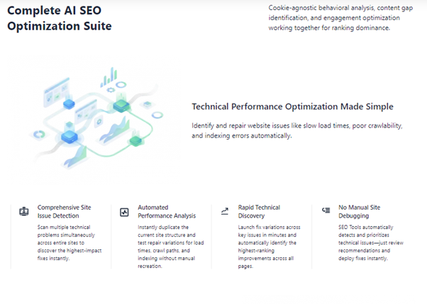 AI SEO optimization dashboard showing technical performance tools, analytics, and automated issue detection features