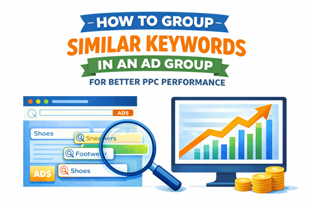 Grouping similar keywords in an ad group for better PPC performance illustration. Title