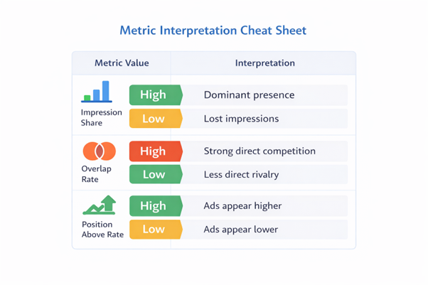 Metric interpretation cheat sheet showing what high and low Auction Insights values mean.
