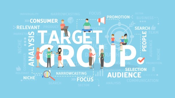 Diverse people on devices around "Target Group" text with marketing keywords on blue background.
