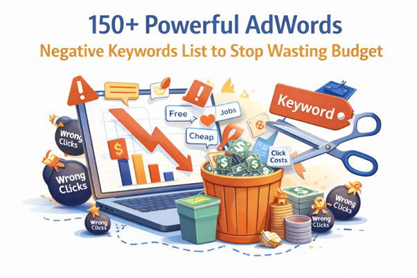 Illustration showing a Google Ads negative keywords concept with wasted ad spend.