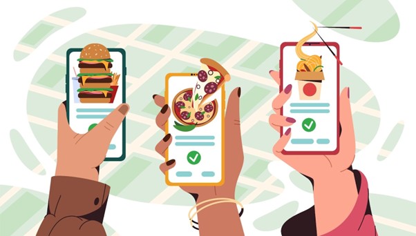  Keyword localization for restaurants shown through mobile food ordering on a map.
