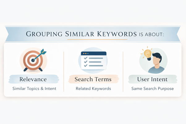  Infographic showing grouping similar keywords concept with relevance, search terms, and user intent sections.