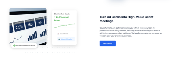 Dashboard showing advertising analytics and client portfolio growth metrics in the CausalFunnel Ads Optimizer platform.
