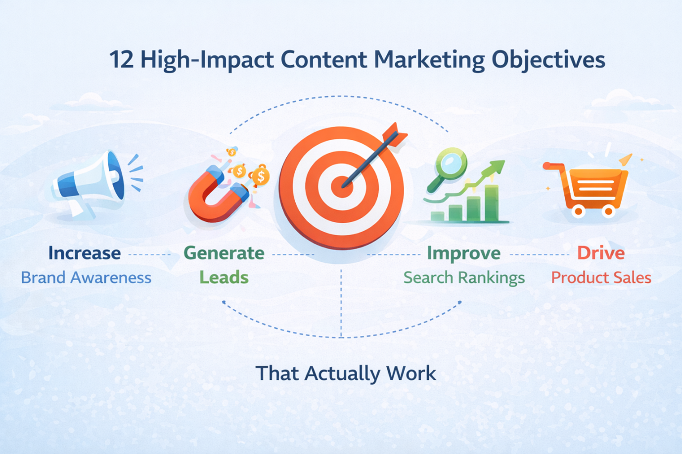 nfographic wheel displaying content marketing objectives connected around a central strategy hub
