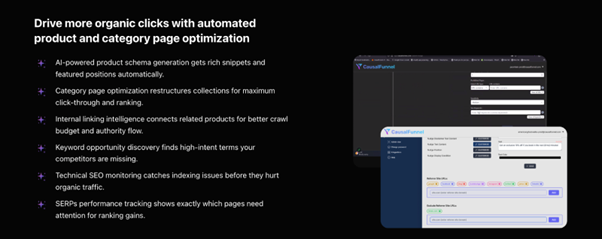 CausalFunnel interface displaying automated SEO optimization tools for product and category pages.
