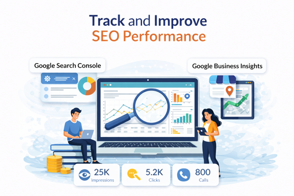 Local SEO for restaurants tracking performance with an analytics dashboard and search data.