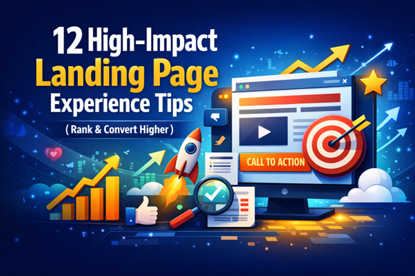 Landing page mockup with CTA, charts, and other icons.