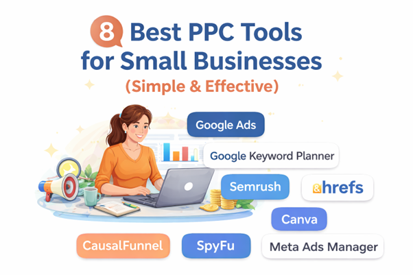 : Illustration of small business owner using laptop with top PPC tools listed