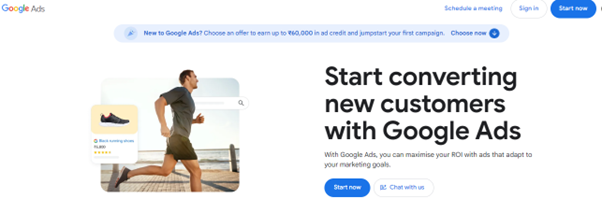 Homepage of Google Ads with a prominent headline and call-to-action buttons including “Schedule a meeting,” “Sign in,” and “Start now.”