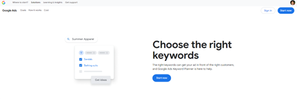 Homepage of Google Keyword Planner