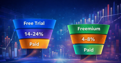 : A visual representation of free trial & freemium-tp-paid conversion benchmarks.