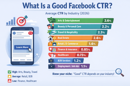 An image showing industry Facebook CTR benchmarks (2026)