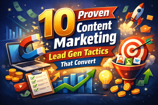 Illustration of content marketing lead generation tactics with funnel, laptop, target, and growth charts.