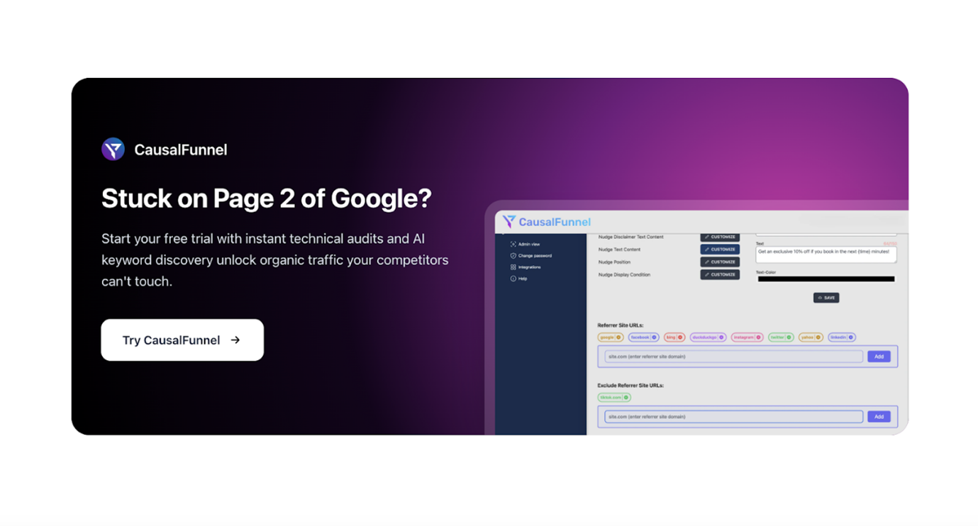 CausalFunnel website showing how they can help getting your website on Page 1
