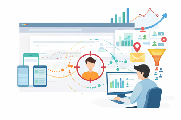 Illustration of Website Visitor Tracking Tools analyzing user behavior across devices and dashboard analytics.
